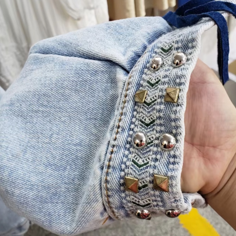 Black Vintage Wash Studded Floral Embroidered Tassel Button Down Jean jacket - Picture 10 of 11